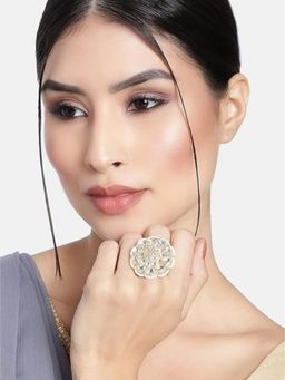 I Jewels - White Stone Gold Plated Kundan Studded Handcrafted Ring