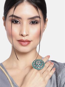 I Jewels - Green Stone Rhodium Plated Kundan Ring
