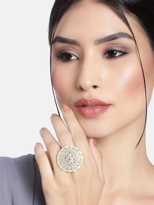 I Jewels White Stone Gold Plated Kundan Handcrafted Adjustable Ring