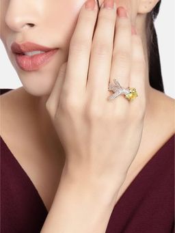 I Jewels - Yellow Stone Rose Gold Plated Bird Design Diamond Adjustable Ring