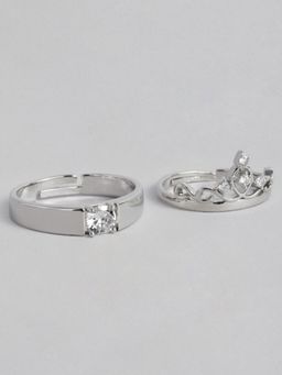 I Jewels - White Stone Silver Platinum-Plated Adjustable Couple Rings (Pack of 2)