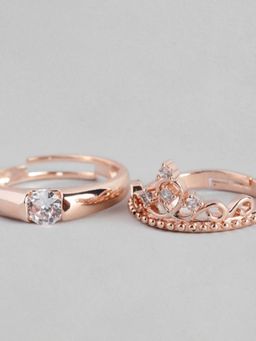 I Jewels - White Stone and Rose Gold Plated Adjustable Couple Rings