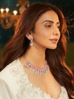 Accessher - Silver-Plated Light Pink Ad Choker Jewellery Set