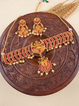 STILEADDA - Gold Plated Multicolour Goddess Choker with Earrings