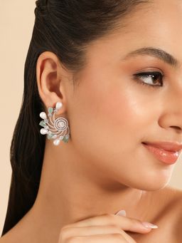 Nuyug - Rhodium Plated Pearl Green Mystic Flare Stud Earrings