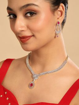 Nuyug - American Diamond Pink Stone Crimson Knot Necklace and Earring