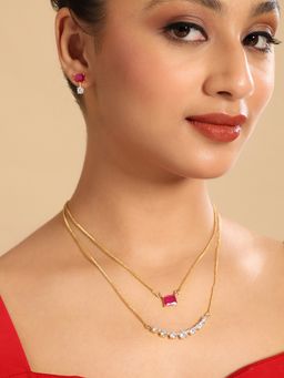 Nuyug - American Diamond Pink Stone Ruby Airia Layered Necklace and Earring