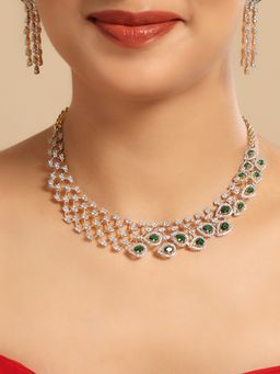 Nuyug - American Diamond Green Stone Emerald Fern Dew Necklace and Earring