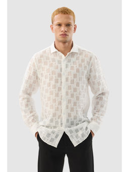 Snitch - White Self Design Full Sleeves Slim Casual Shirt