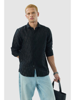 Snitch - Black Self Design Full Sleeves Slim Casual Shirt