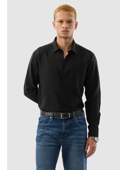 Snitch Black Textured Full Sleeves Slim Casual Shirt