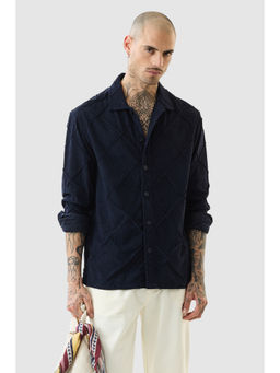 Snitch - Navy Blue Textured Full Sleeves Relaxed Casual Shirt
