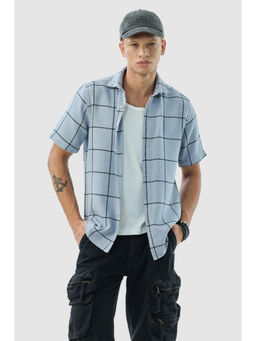 Snitch - Light Blue Grid Pattern Half Sleeves Slim Casual Shirt