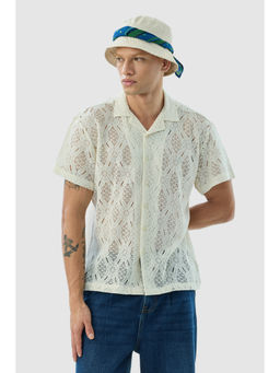 Snitch - Off White Self Design Half Sleeves Boxy Casual Shirt