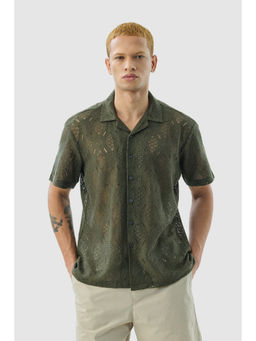 Snitch - Green Self Design Half Sleeves Boxy Casual Shirt