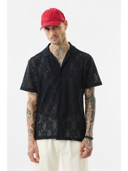 Snitch - Black Self Design Half Sleeves Boxy Casual Shirt