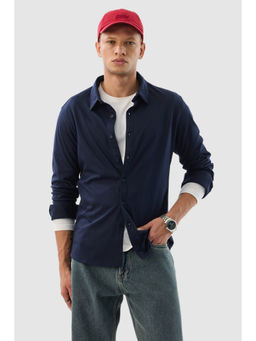 Snitch - Navy Blue Solid Full Sleeves Slim Casual Shirt