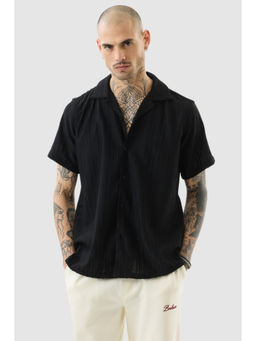 Snitch - Black Textured Half Sleeves Boxy Casual Shirt