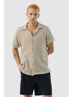 Snitch - Beige Self Design Half Sleeves Boxy Casual Shirt