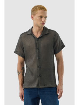 Snitch - Dark Grey Self Design Half Sleeves Boxy Casual Shirt