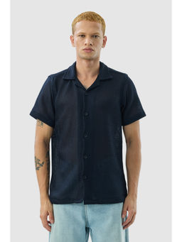 Snitch - Navy Blue Self Design Half Sleeves Boxy Casual Shirt