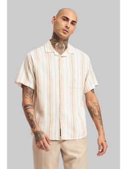 UNDERRATED CLUB - Beige Striped Textured Cuban Collar Shirt