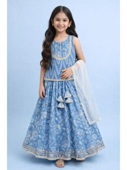 The Magic Wand - Blue Cotton Sleeveless Floral Lace Detail Lehenga Choli With Dupatta
