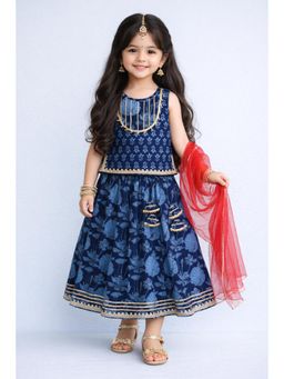 The Magic Wand - Navy Cotton Sleeveless Floral Printed Lehenga Choli Set With Dupatta