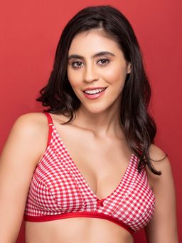 Clovia - Non-Padded Non-Wired Demi Cup Checkered Print Plunge Bra In Red - Cotton (40D)