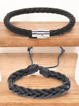 Fabula - Black Braided Leather Handmade Wrap Fashion Bracelet (Pack Of 2)