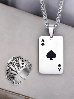 OOMPH - Silver Stainless Steel Ace Of Spade and Poker Necklace with Ring (Pack Of 2)
