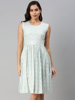 SHOWOFF - Women's Knee Length Floral Blue Round Neck Fit And Flare Dress