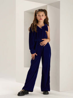ANGEL & ROCKET - Navy Blue Bow Shoulder Velvet Jumpsuit