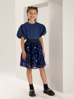 ANGEL & ROCKET - Navy Blue Bubble Textured Puff Sleeve Top