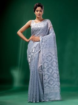CHARUKRITI - Steel Grey Cotton Silk Handwoven Soft Jamdani Saree without Blouse