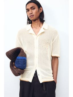 H&M - Men White Relaxed Fit Hole-Knit Resort Shirt