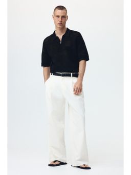 H&M - Men Black Relaxed Fit Hole-Knit Polo T-Shirt