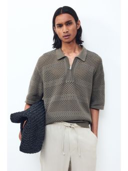H&M - Men Beige Relaxed Fit Hole-Knit Polo T-Shirt