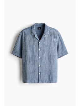 H&M - Men Blue Relaxed Fit Short-Sleeved Muslin Shirt