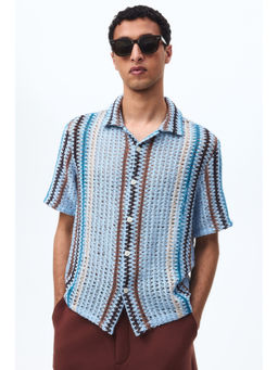 H&M - Men Blue Regular Fit Textured-Knit Resort Shirt