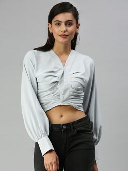 SHOWOFF - Women V-Neck Solid Grey Crop Top