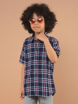 CRIMSOUNE CLUB - Boys Navy Blue Checked Cotton Shirt