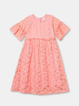 ZION - Girls Peach Self Design Knee Length Dress