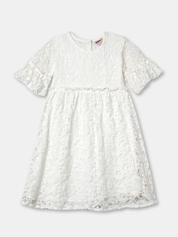 ZION - Girls White Self Design Knee Length Dress