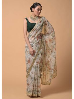 KALKI FASHION - Beige Saree in Organza Floral Print and Moti Accents with Unstitched Blouse