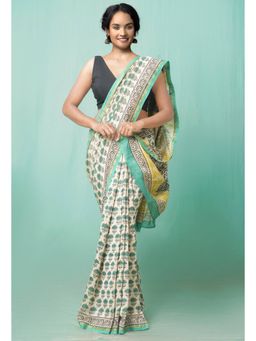 Unnati Silks - Beige Pure Preet Bagru Sico Saree with Unstitched Blouse