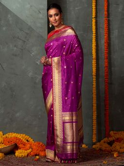 WeaverStory - Handloom Purple Kadhwa Booti Saree With Floral Zari Border With Unstitched Blouse
