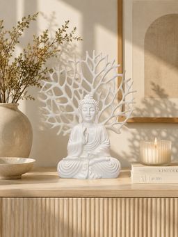 Ashnam - Blessing Buddha with Tree Decorative Showpiece White (Set Of 2)