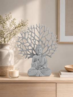 Ashnam - Debating Buddha with Tree Decorative Showpiece Grey (Set Of 2)
