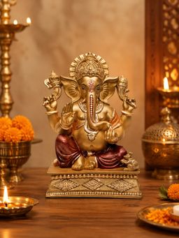 Ashnam - Square Base Ganesha - Gold & Red